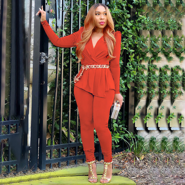 Large Women's Deep V-Neck Long Sleeve Pencil Pants Set