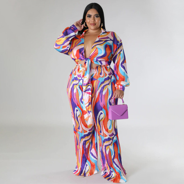 Printed deep V lace up long sleeved pleated pants two-piece set