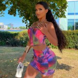 Hanging strap contrast color exposed navel top short skirt set