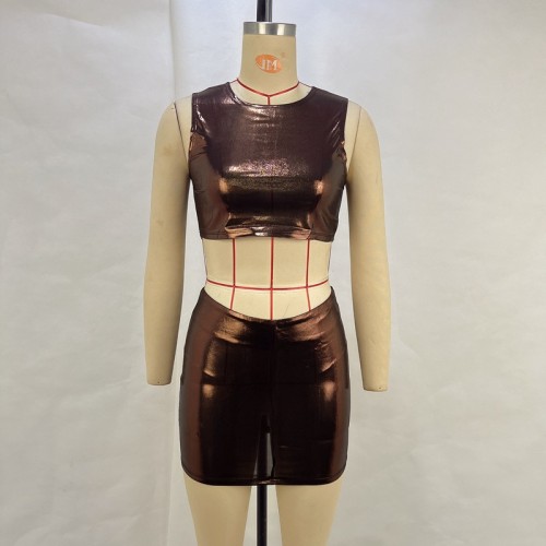 Metal color gilded solid color round neck sleeveless exposed navel and buttocks short skirt set