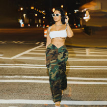 Low rise rubber band multi pocket camouflage pants