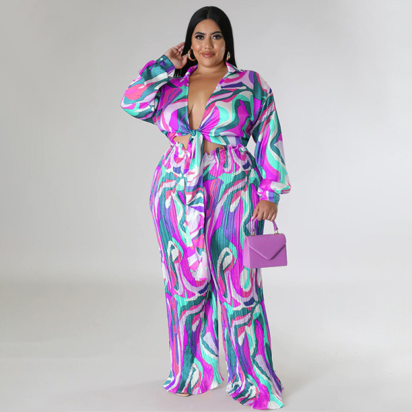 Printed deep V lace up long sleeved pleated pants two-piece set