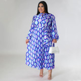 Lace up long sleeved printed pleated oversized dress