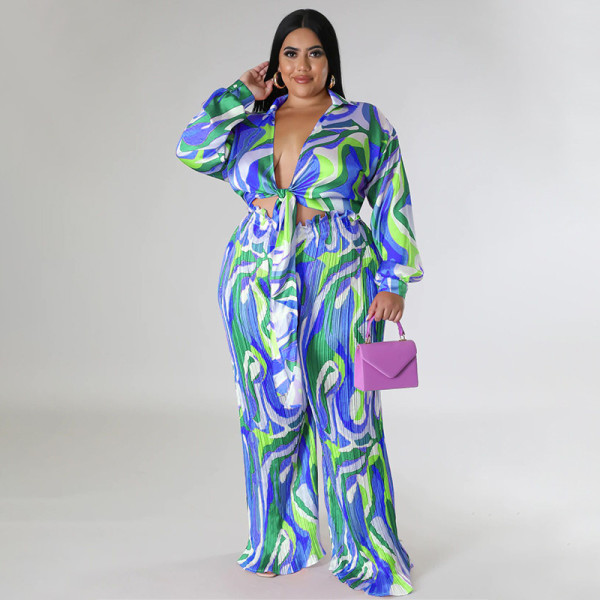Printed deep V lace up long sleeved pleated pants two-piece set