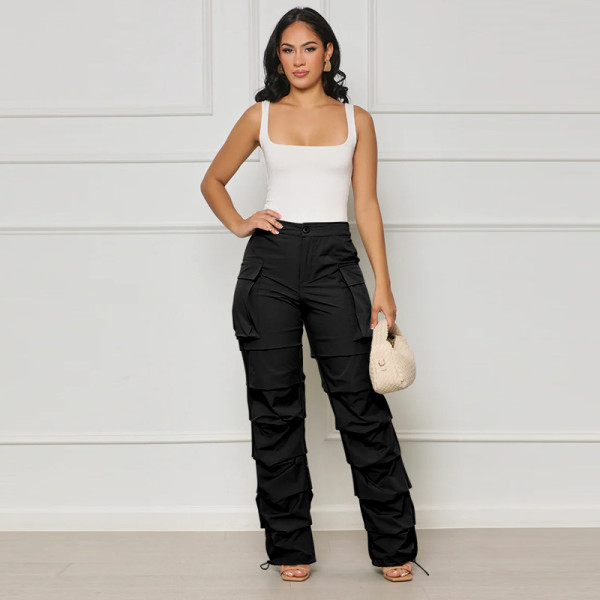Fashion Pleated Straight Barrel Rubber Band Waist Pocket Feet Closing Workwear