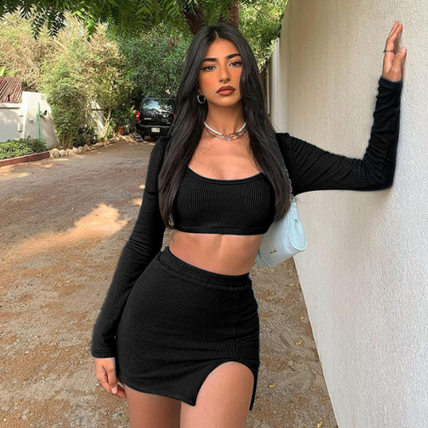 Women's ribbed long sleeved vest wrapped chest top sexy slit tight wrap buttocks short skirt set