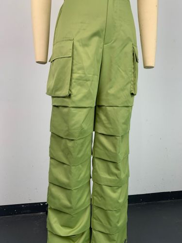 Fashion Pleated Straight Barrel Rubber Band Waist Pocket Feet Closing Workwear