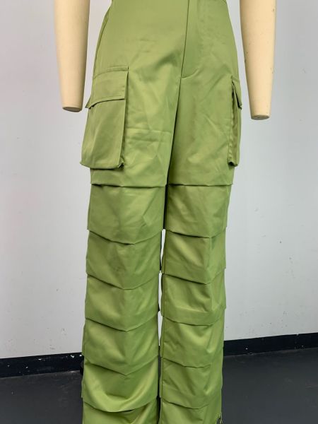 Fashion Pleated Straight Barrel Rubber Band Waist Pocket Feet Closing Workwear