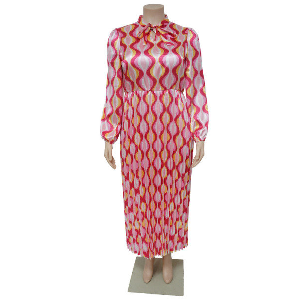 Lace up long sleeved printed pleated oversized dress