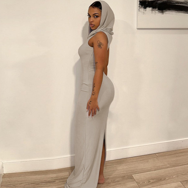 Solid Hooded Split Sleeveless Dress