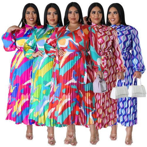 Lace up long sleeved printed pleated oversized dress