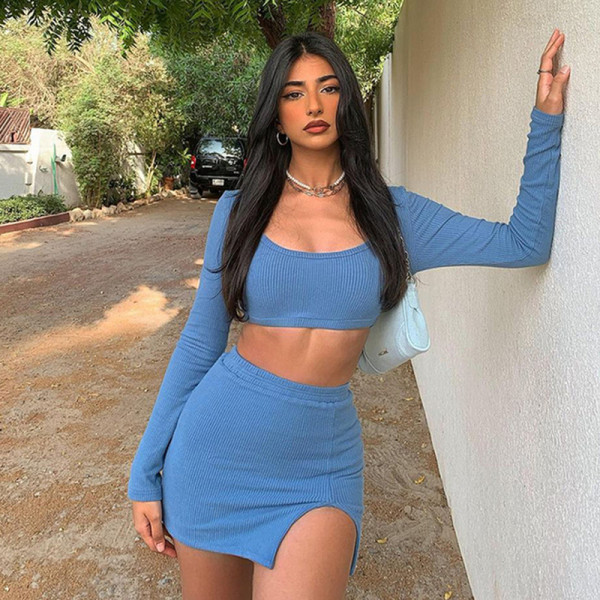 Women's ribbed long sleeved vest wrapped chest top sexy slit tight wrap buttocks short skirt set