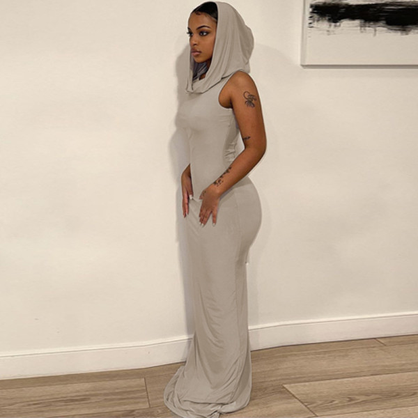 Solid Hooded Split Sleeveless Dress