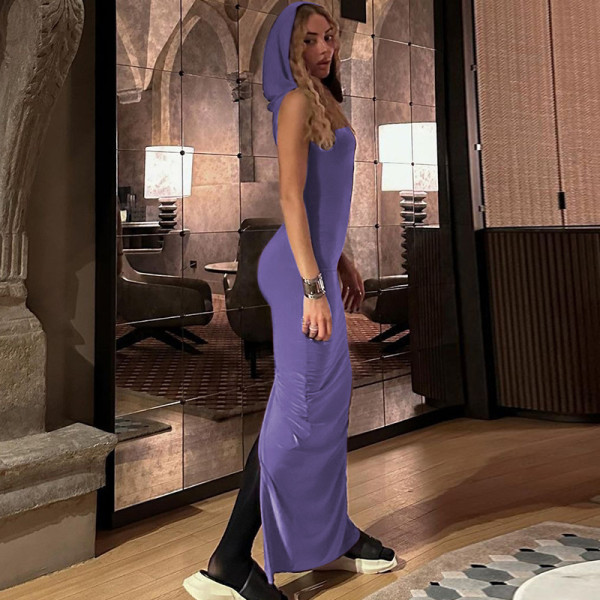 Solid Hooded Split Sleeveless Dress