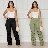 Fashion Pleated Straight Barrel Rubber Band Waist Pocket Feet Closing Workwear