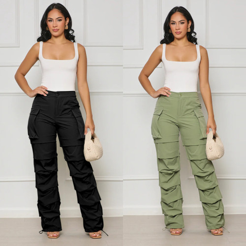 Fashion Pleated Straight Barrel Rubber Band Waist Pocket Feet Closing Workwear