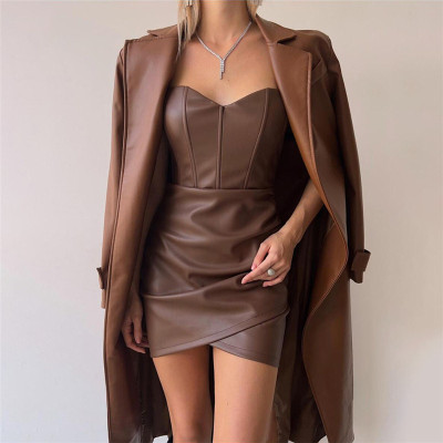Bra sexy buttocks wrapped PU dress