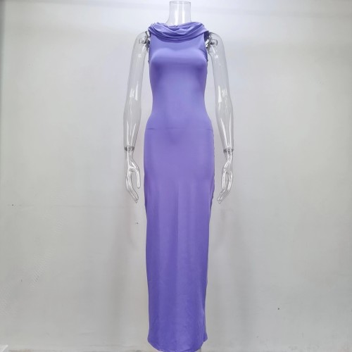 Solid Hooded Split Sleeveless Dress