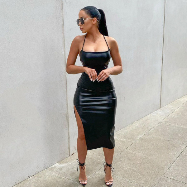 Open Back Strap Solid Color Personalized Split Strap Dress