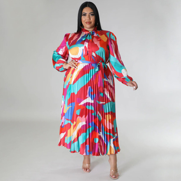 Lace up long sleeved printed pleated oversized dress