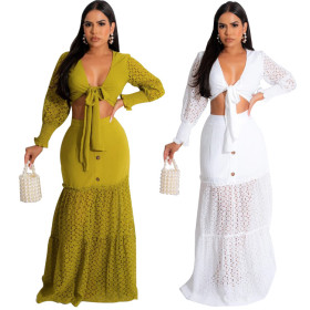 Fashionable and comfortable long sleeved buttocks wrapped skirt set