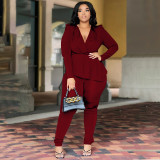 Large Women's Deep V-Neck Long Sleeve Pencil Pants Set
