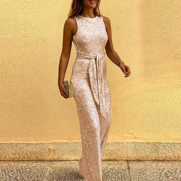 Round neck sleeveless personalized sequin silver dot jumpsuit
