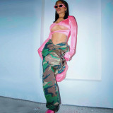 Low rise rubber band multi pocket camouflage pants