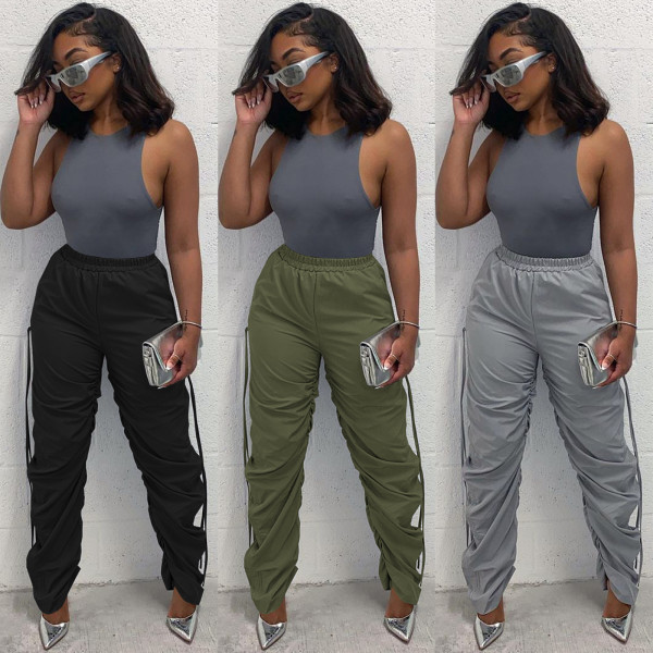 Fashion versatile pleated drawstring casual pants