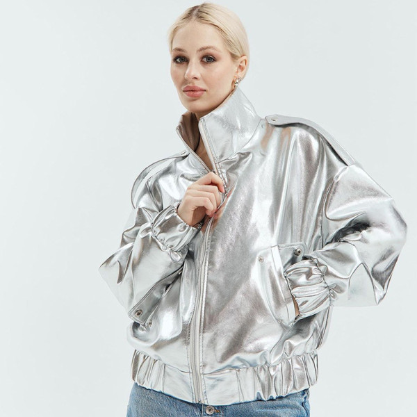 Casual Polo Neck Zipper Long Sleeve Pocket Bright Coat Top
