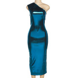 Slanted Shoulder Sleeveless Bright Long Fit Dress