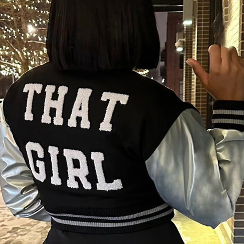 Long sleeved PU leather slim fitting baseball jacket with button exposed navel