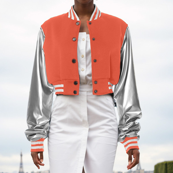 Long sleeved PU leather slim fitting baseball jacket with button exposed navel