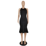 Fashionable and Sexy Slim Fit Open Back Sleeveless Solid Color Dress