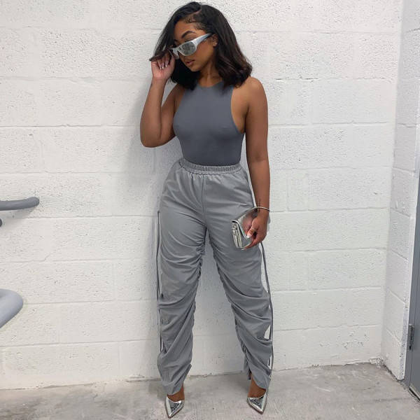 Fashion versatile pleated drawstring casual pants