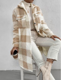 Open button lapel plush plaid coat loose length coat