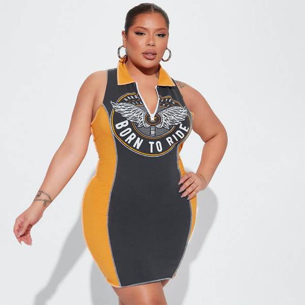 Color blocking letter printed sleeveless lapel zippered casual dress
