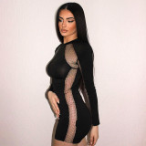 Round neck mesh patchwork long sleeved slim fitting short dress
