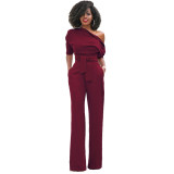 Classic solid color diagonal collar button one piece wide leg pants