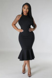 Fashionable and Sexy Slim Fit Open Back Sleeveless Solid Color Dress