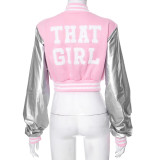 Long sleeved PU leather slim fitting baseball jacket with button exposed navel
