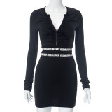 Long sleeved zippered round neck slim fitting letter short dress