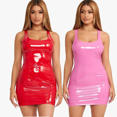 PU Sexy Sleeveless Wrapped Hip Skirt