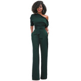 Classic solid color diagonal collar button one piece wide leg pants