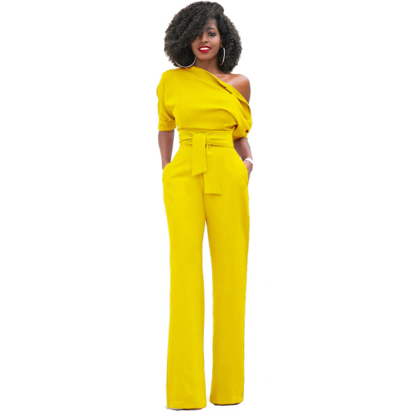 Classic solid color diagonal collar button one piece wide leg pants