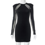 Round neck mesh patchwork long sleeved slim fitting short dress