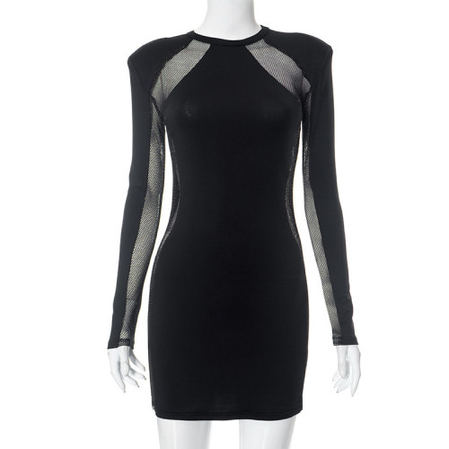 Round neck mesh patchwork long sleeved slim fitting short dress