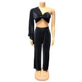 One shoulder long sleeved top and pants two-piece set