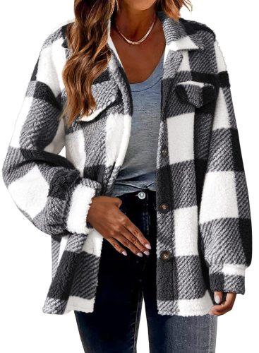 Checkered Lamb Fleece Jacket Button Plush Coat