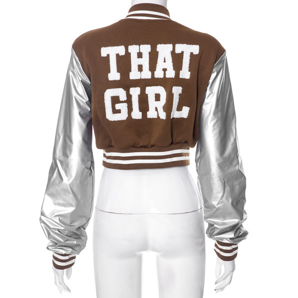 Long sleeved PU leather slim fitting baseball jacket with button exposed navel